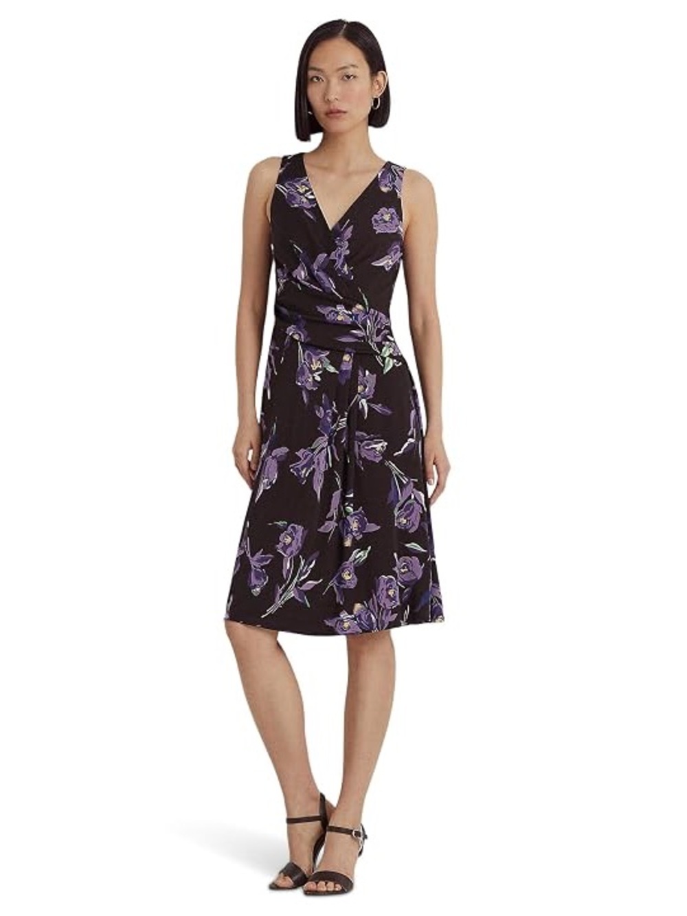 Lauren Ralph Lauren Floral Surplice Jersey Dress, Brown/Purple/Multi, Size 2 NWT